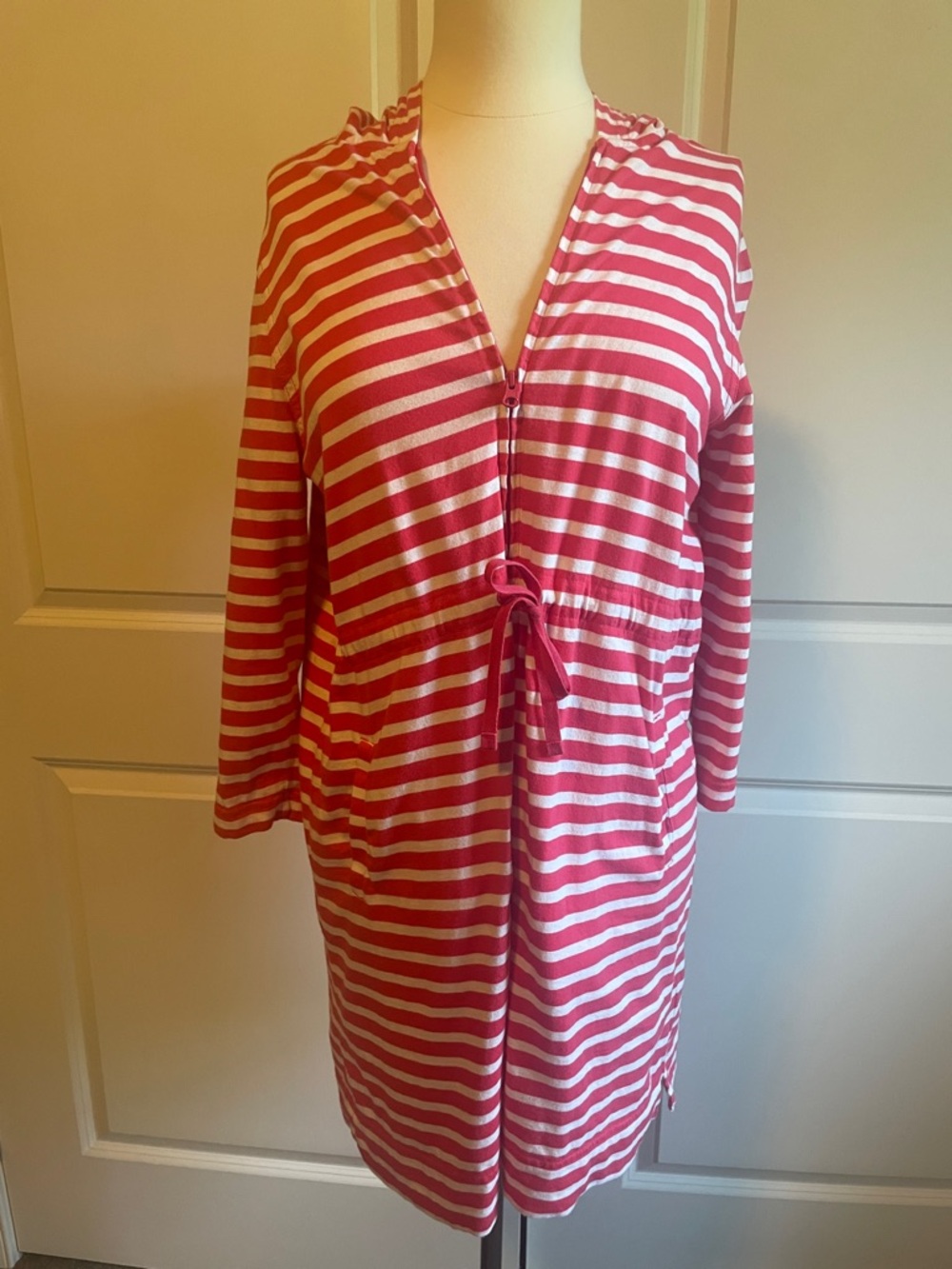 Lands' End Watermelon and White Striped Hooded Dress/Cover Up Size Med/Pet